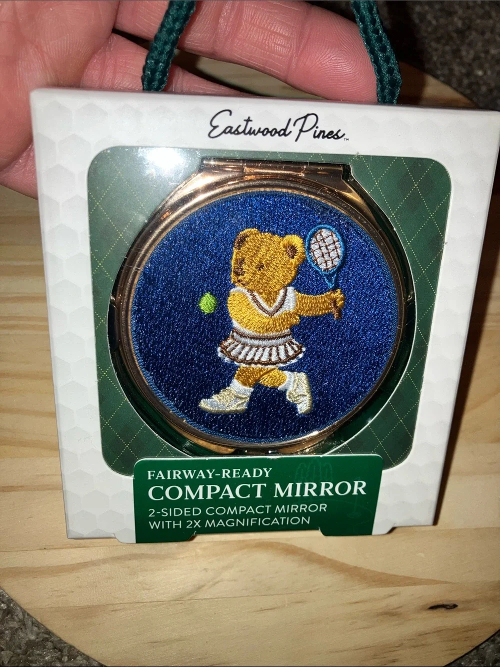 Fairway-Ready Compact Mirror - Blue Embroidered Tennis Bear New